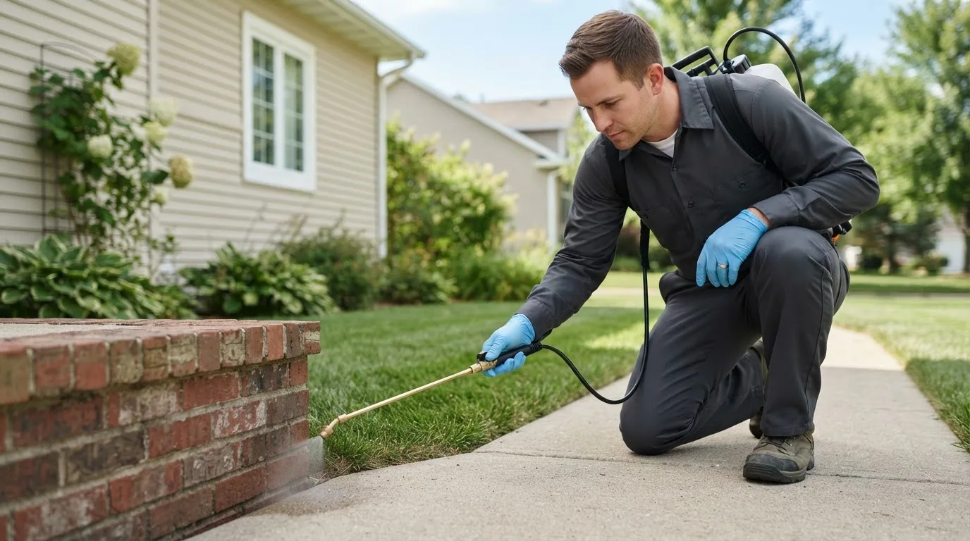 Pest control technician treating a home near Kerens, TX