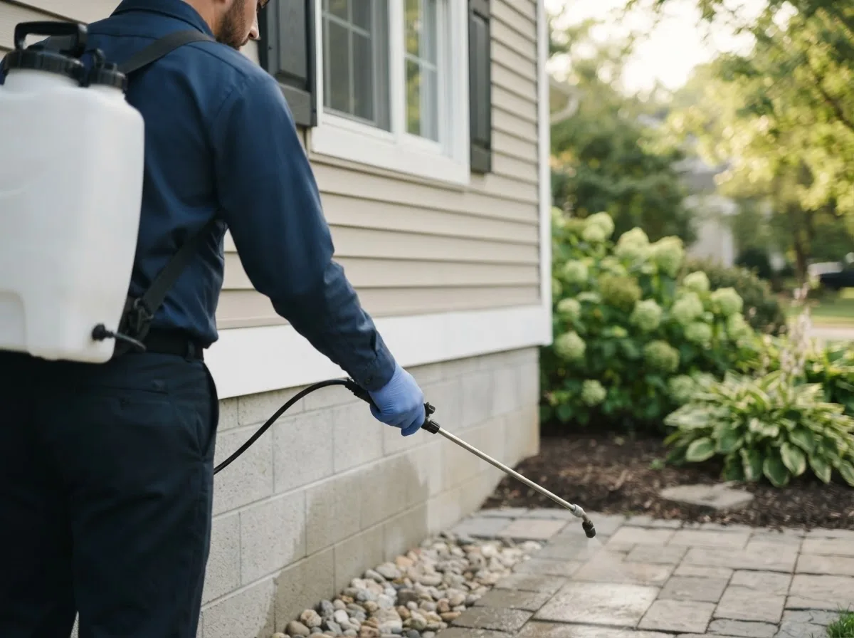 Pest control technician inspecting a home in Kerens, TX